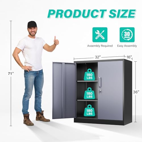 SISESOL Storage Cabinet with Doors and Shelves,36 inch Metal Storage Cabinet with Locking Doors,Small Metal Cabinets with Lock,Gray Garage Cupboard for Home Office,Garage,Shop - Image 3