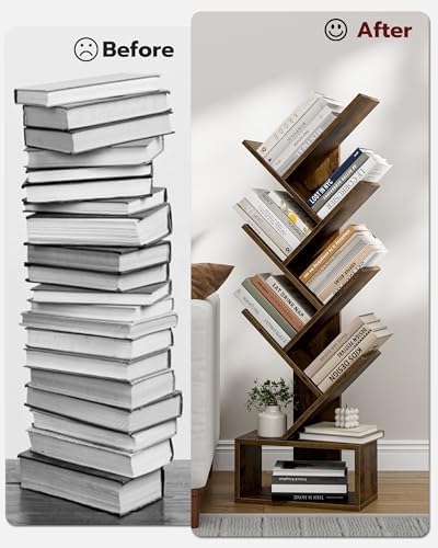 6 Tier Tree Book shelf - Small Bookcase and Small Bookshelf for Small Spaces, 15.0-Inch Wide Rustic Standing Organizer with Six Divided Book Tiers for Living Room, Bedroom or Home Office, Rustic Brown - Image 4