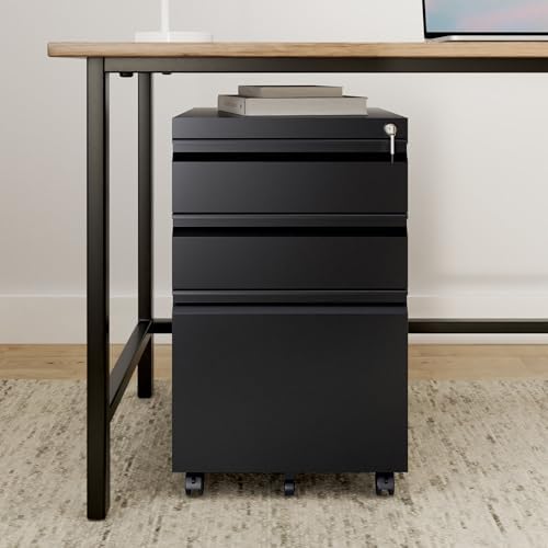 Fesbos 3 Drawer Vertical File Cabinet, Black Mobile Filling Cabinet with Lock for Legal/Letter Size, Pre-Built Office Storage File Cabinet with Wheels Under Desk - Fully Assembled - Image 2