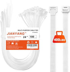 Long Zip Ties Heavy Duty 24 inch，400 LBS Tensile Strength With Double Sided Toothed Super Durable Cable Ties ，Extra Large Wire Ties Adjustable Nylon Tie Wraps for Indoor Outdoor （100 Pack White） by JIANYANG
