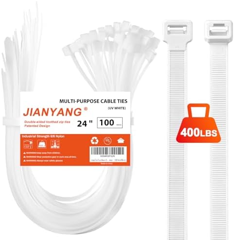 Long Zip Ties Heavy Duty 24 inch，400 LBS Tensile Strength With Double Sided Toothed Super Durable Cable Ties ，Extra Large Wire Ties Adjustable Nylon Tie Wraps for Indoor Outdoor （100 Pack White） by JIANYANG