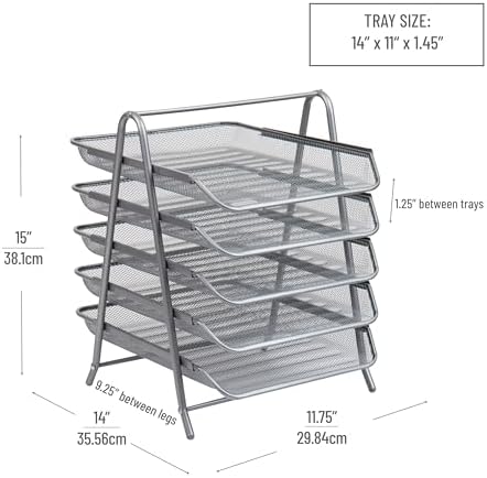 Mind Reader 5-Tier Paper Tray Organizer, Vertical Desktop File Storage Rack, Office, Metal Mesh, Silver 14.5" x 13.8" x 11.5" (Pack of 6) - Image 3