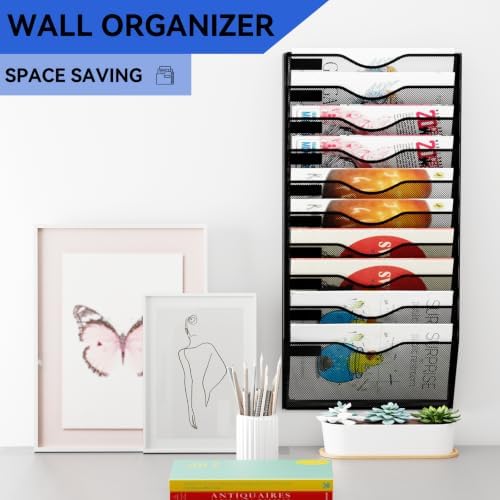 10 Pockets Hanging Wall File Organizer Mail Holder, Wall Mounted Paper Document Folder Holder, Clipboard Storage Organization Magazine Rack, Black - Image 2
