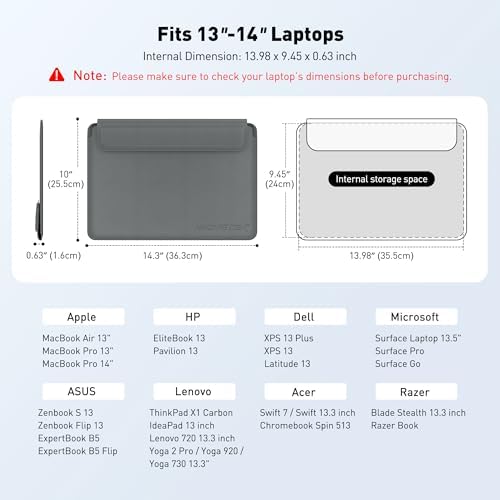 AboveTEK Laptop Sleeve Case for 13-14 inch MacBook Air/Pro, Slim Laptop Case with Stand, Ergonomic Wrist Rest & Mouse Pad, Waterproof Anti-Scratch Leather Bag for 13-14 Surface HP, Grey - Image 3