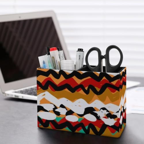 PU Leather Multi-Compartment Pen Holder Desktop Organizer Pencil Cup Storage Caddy for Office Home Supplies Bold Brushstrokes And Zigzag Lines with Ethnic And Tribal Motifs - Image 5