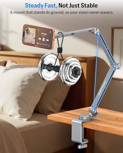 OMOTON Tablet Stand for iPad with 360° Rotation, GH04 Aluminum Alloy Long Arm Phone Mount with Magnetic Phone Head & Plastic Tablet Clamp, Adjustable Holder for 4-13" iPad Pro/iPhone, Grey - Image 3