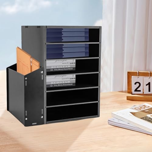 6 Tier Desktop File Organizer w/Side Cabinet Storage, Black - Image 3
