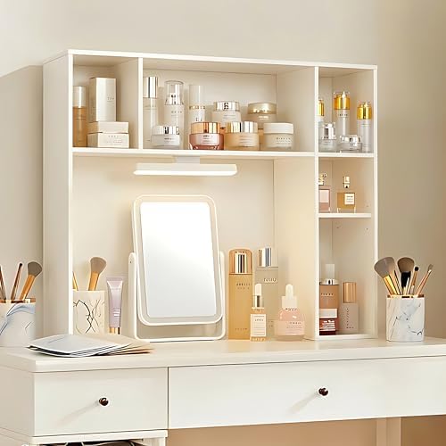 3 Tier Desktop Bookshelf with Rechargeable Eye-Friendly LED Desk Light, Desk Hutch Organizer with 5 Shelves, Wooden Desk Bookshelf for Office, Dorm and Small Space, White - Image 4