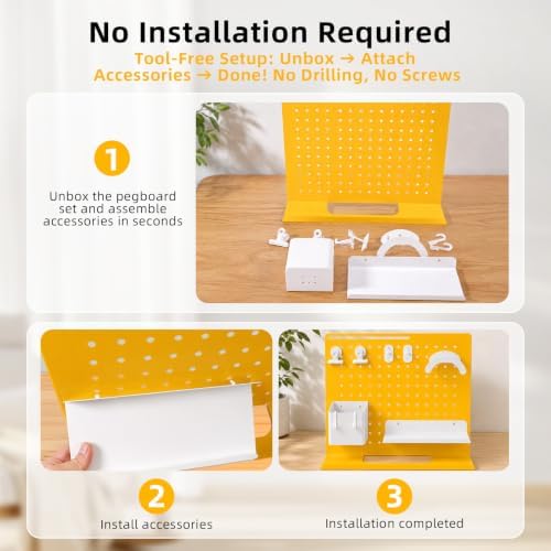 Metal Desk Pegboard Organizer, No Drill Modular Storage Kit 10 Accessories 15.8x11.8in White Yellow for Office Vanity - Image 7