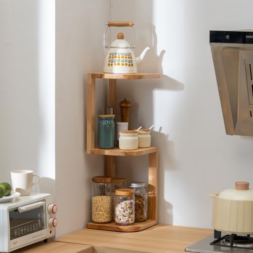 Corner Shelf Stand Desk Organizer,26.8" H Rubberwood Brown Rack for Small Spaces, Bedroom,Home Office,Kitchen,Bathroom (Natural, 3 Tier) - Image 5