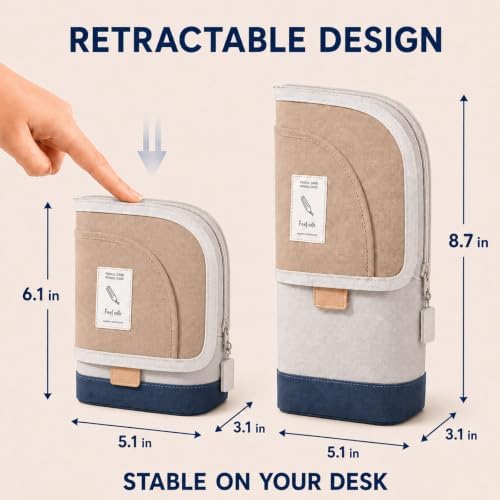 Retractable Pencil Case, Large Standing Pen Pouch, 3 Compartments (Classic Khaki) - Image 6