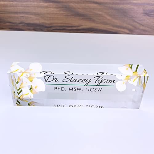 Artblox Office Desk Name Plate Personalized | Custom Name Plates for Desks | Calla Flowers Design On Clear Acrylic Glass | Office Desk Decor - (8" x 2.5") - Image 4