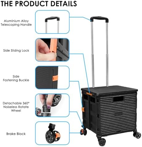 Foldable Utility Cart Portable Collapsible Crate Rolling Carts with Wheels Rolling Tote Basket Teacher Cart with Lid Wear-Resistant 360°Rotate Wheel Noiseless for Shopping Storage Office Use - Image 2