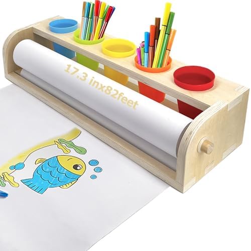 Table Top Paper Roll Dispenser with Paper 17.3inx82ft Wooden Tabletop Easel Art Paper Roll for Kids Craft Paper Holder with Pencil and Cups for Coloring Drawing by XDONEF