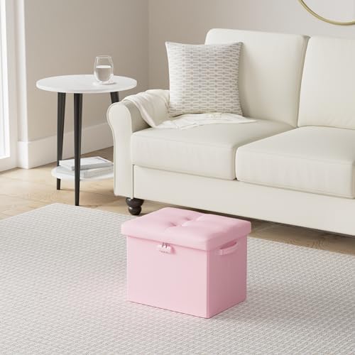 DocSafe Storage Ottoman Foot Rest Stool with Lock ＆ Handles, Fireproof Folding Leather Footstool Bench with Storage Safe for Living Room Bedroom, Home Office, Dorm, 17x13x13in, Pink - Image 2