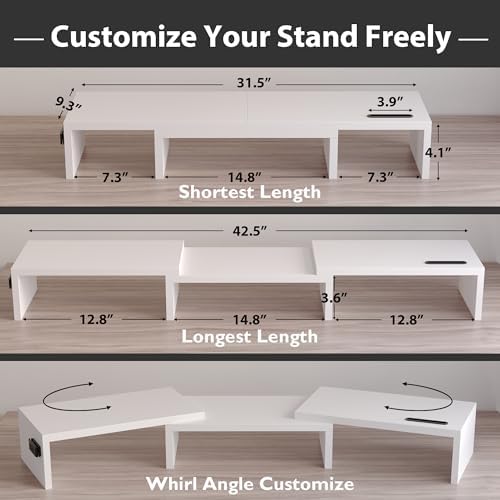 BONTEC Dual Monitor Stand Riser, Adjustable Length & Swivel Angle, White - Image 3