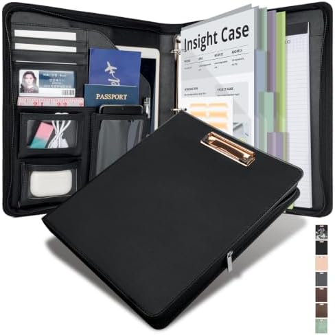 Clipboard with Storage for Men Women, Leather Padfolio Portfolio with Zipper, 1 Inch 3 Ring Binder 5 Dividers, Notepad for Letter Size, Elastic Closure and Pen Loop, Card Slot Black by KLLVE