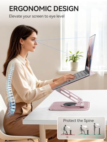 tounee Laptop Stand for Desk, Adjustable Computer Stand Holder with 360° Rotating Base, Ergonomic Laptop Riser Compatible with MacBook Pro Air, All Laptops 10-15.6"-Pink - Image 2