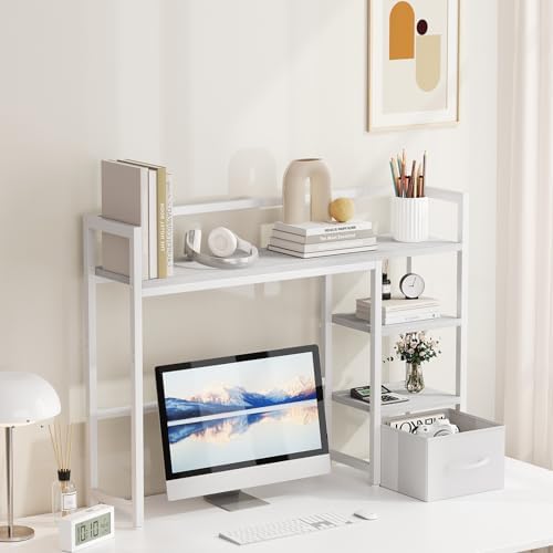Marbrasse Desk Shelf with Drawer, 40" Desk Hutch for Computer Monitor, Desk Shelf for top of Desk, Wooden Desktop Bookshelf Storage Rack for Home Office Dorm - White - Image 2