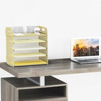 Sinboun Letter Tray Paper Organizer 5-Tier Desk Organizer File Organizer Paper Holder with Handle, Metal Desktop Document Shelf Tray Office Classroom Organization - Gold - Image 3