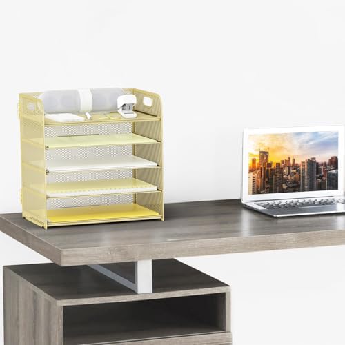 Sinboun Letter Tray Paper Organizer 5-Tier Desk Organizer File Organizer Paper Holder with Handle, Metal Desktop Document Shelf Tray Office Classroom Organization - Gold - Image 3