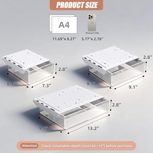 3 Pack Under Desk Drawer Slide Out Storage Organizer, Clear White 3 Sizes (S/M/L), Dual-Mount Hidden Table Tray for Tablets, Planners & Office Supplies - Image 2