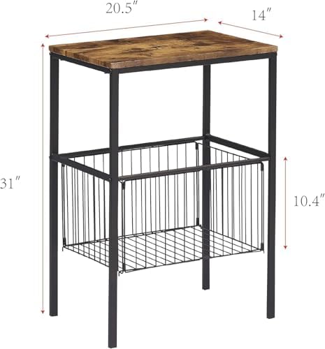 VECELO Tall End Table with Metal Basket,Nightstand with Shelf Storage Organizer, Wood Night Stand with Metal Frame, Waterproof for Bedroom, Living Room, Bathroom - Image 2
