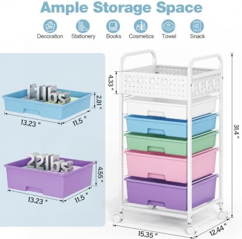 5 Drawer Rolling Storage Cart with Pegboard Top and Hooks, Ice Cream - Image 2