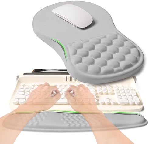 2-in-1 Ergonomic Set, Wave Rise Keyboard Wrist Rest and Massage Bulge Slope Mouse Pad Wrist Support, Cushion Memory Foam Integrated to Relieve Wrist Pain, Silver Gray by KUOSGM