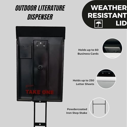Sanzo Specialties Outdoor Brochure Box on a Stake 46 inch tall - Holds 250 8.5 x 11 Documents and 60 Business Cards, Flyer Literature Yard Dispenser (Black, Pack of 6) - Image 2