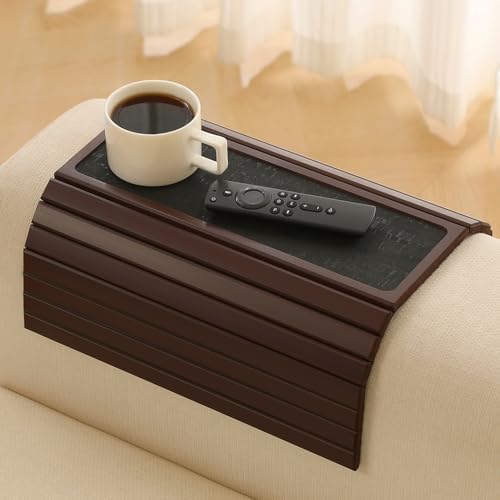 Bamboo Couch Arm Tray Table with Anti-Slip Cork Pad，Foldable Sofa Armrest Tray Table for Couch，Flexible Couch Arm Cup Holder，Portable Sofa Arm Chair Table for Drink, Snacks, Phone, Remote (Mahogany) - Image 2