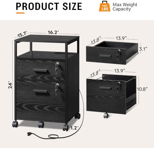 DEVAISE 2 Drawer File Cabinet with Lock, Wood Printer Stand, Black - Image 3