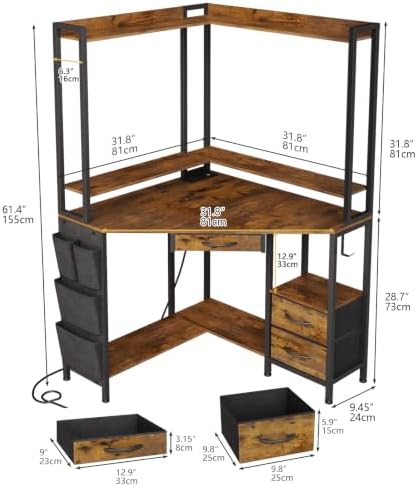 VENNQD Corner Desk with Drawers Shelves, Office Desk with Hutch, Triangle Corner Gaming Computer Desk with Storage Bag, Power Outlets and Hook for Home Office Workstation (Rustic Brown) - Image 2