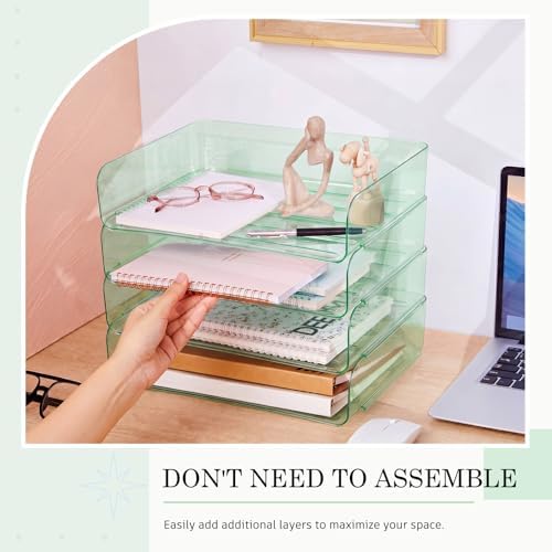 Harloon 4 Tier Clear Sage Green Acrylic Paper Organizer Letter Tray, Aesthetic Stackable Desk File Organizer Paper Holder Office Tray for A4, Modern Office Classroom Home File Pad Books Notes - Image 4