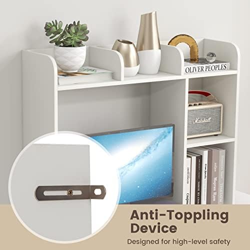 DREAMADE Desk Shelf, 3-Tier Table Top Desktop Bookshelf for 27” Monitor w/ 5 Open Display Racks, Non-Slip Foot Pads & Anti-Tipping Device, Desk Hutch for for Dorm, Office, Home, Study, 29”H (White) - Image 5