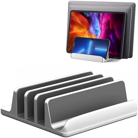Vertical Laptop Stand [Updated Version], 3 Slot Desktop Stand Holder with Adjustable Dock, 4 in 1 Design Space-Saving Laptop Stand for Desk MacBook/Surface/Samsung/HP/Dell/Chrome Book (Silver) by GalaxyProjectorforBedroom