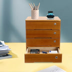 4 Drawers Wooden Desktop Storage Box W/Lockable Drawers,16 In H Office Supplies File Organizer, Flat File Cabinet,Wood Rail & Curved Handle For Dresser Tabletop. (Wood Yellow) - Image 4