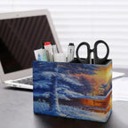 PU Leather Multi-Compartment Pen Holder Desktop Organizer Pencil Cup Storage Caddy for Office Home Supplies Winter Sunset Woods - Image 5