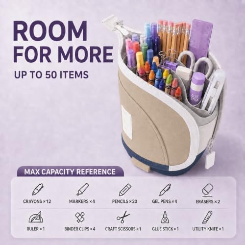 Retractable Pencil Case, Large Standing Pen Pouch, 3 Compartments (Classic Khaki) - Image 2