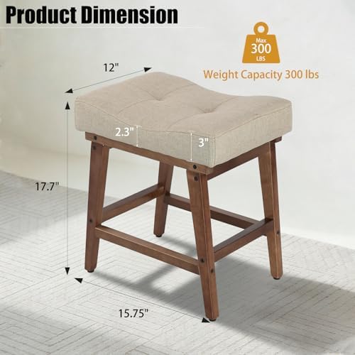 Vanity Stool, Saddle Seat Vanity Stool Chair with Wood Legs, Small Square Linen Makeup Chairs for Vanity, Modern Makeup Bench Under Desk for Living Room, Bedroom, Ottoman Foot Rest Stools, Linen Beige - Image 3