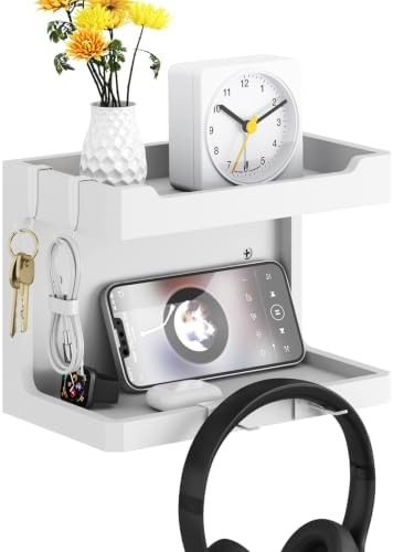 NiHome Bedside Wall Shelf Organizer, Wood 2-Tier Floating Nightstand, White by NiHome