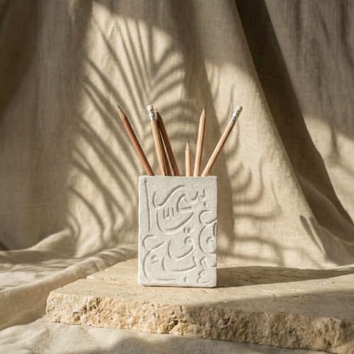 Stone Cast Arabic Calligraphy Pen Organizer - Artistic Mixed Letter Design Pencil Cup Holder - 3.5 x 3.5 x 4.7 inches Desktop Stationery Cup - Unique Decorative Office Decor for Home & Studio - Image 3