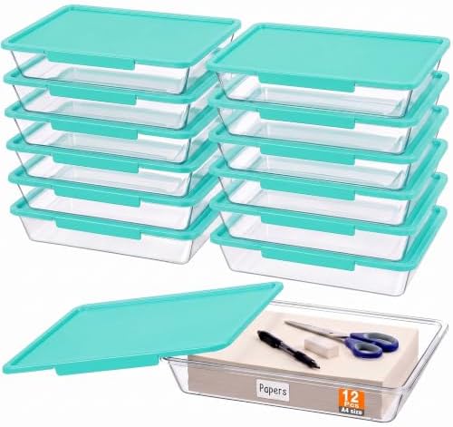 Tinlade 12 Pack Classroom Clear Paper Storage Bins with Lids, Teal by Tinlade