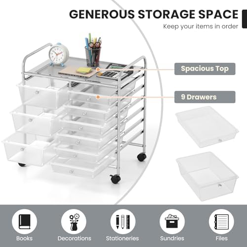 LDAILY 9 Drawer Rolling Storage Cart, Rolling Cart with Drawers for Classroom, Art Supply Craft Organizer on Wheel with Metal Frame & Handles for Home Office School - Image 6