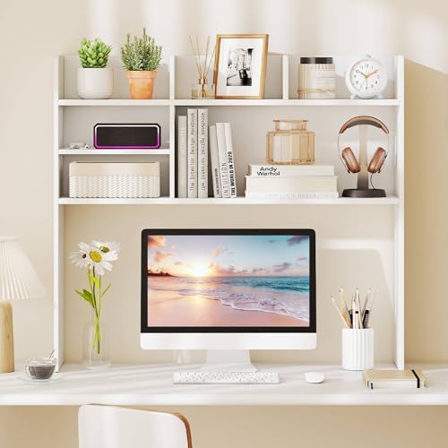 Tangkula Desktop Bookshelf for Computer Up to 32”, 37” Countertop Storage Hutch with 6 Storage Shelves, 3-Tier Desktop Organizer Display Rack, Wooden Desk Hutch for Dorm Home Office (White) - Image 5