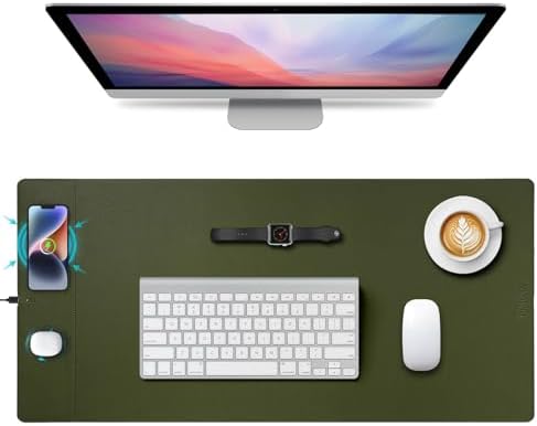 Wireless Charging Mouse Pad, 15W Fast Charge Magnetic Charger Desk Pad, Large Office Desk Mat (35.4"x16.9") with Ultra-Smooth Surface, Military Green Computer Mousepad for MacBook, PC, Laptop by Hi-HONX