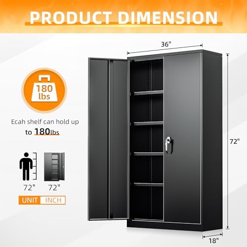 INTERGRETA Metal Storage Cabinet Locker for Home Office, Locking Garage Storage Cabinet with Doors and Shelves, 72" Tall Metal Steel Cabinets for Garage, Black - Image 2