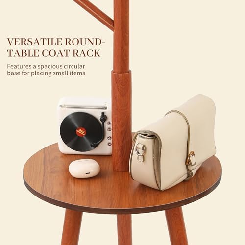 Wooden Coat Rack Freestanding with Round Table & 8 Hooks, Coat Tree Organizer for Clothes, Hats, Bags, Easy Assembly Space-Saving Coat Rack Stand for Home, Office, Walnut - Image 4