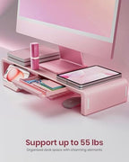 Pink Monitor Stand Riser, Klearlook Foldable, Height Adjustable Computer Stand, Desk Shelf Riser with Storage Drawer &Tablet Phone Stand for Desktop, Laptop - Image 2