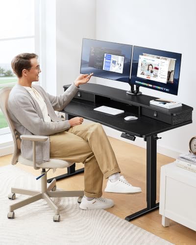 HUANUO 60″ x 30″ Electric Standing Desk with 2 Drawers, C-Clamp Mount Compatible, Height Adjustable Computer Desk, Home Office Stand Up Desk with 4 Preset Heights & 2 Hooks, Black - Image 2